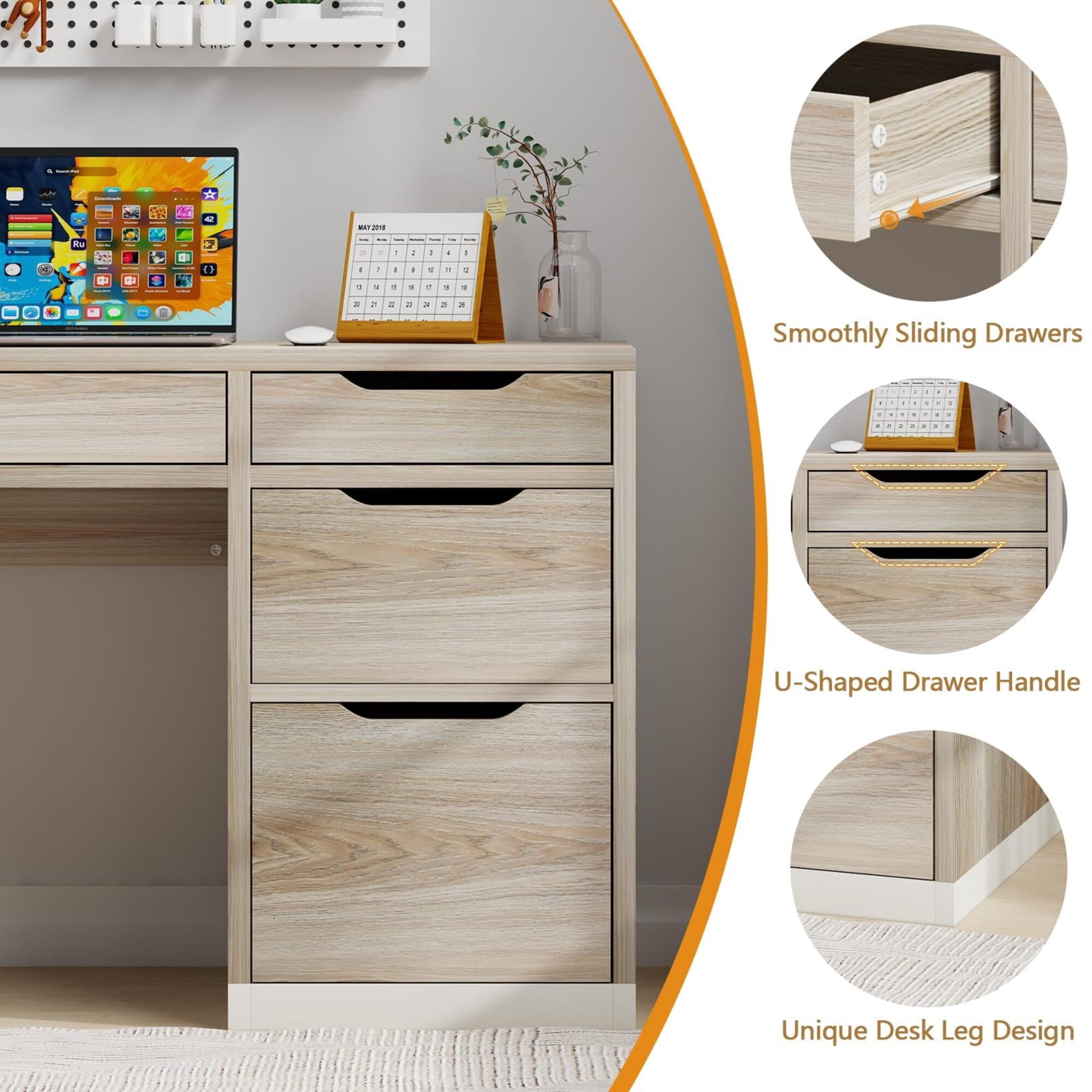 52-Inch 4-Drawer Natural Wood Computer Desk, Small Space Home Office Desk with Categorized Storage Drawers