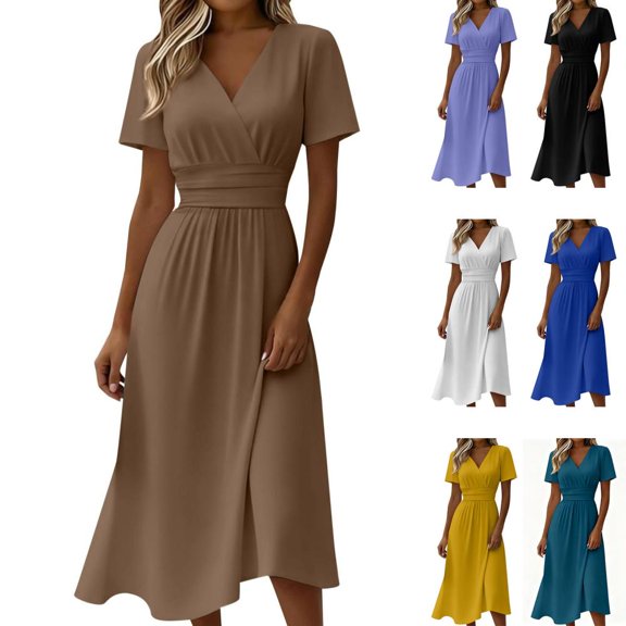 Bxsruta Women's Wrap V Neck Short Sleeve Midi Dress A Line Flowy Waist Defining Casual Party Dress with Stretchy Comfortable Fit for Summer Spring Breathable Fabric