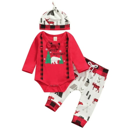 

Yinyinxull Newborn Baby Boys Christmas Clothes Set Letter Print Romper Plaid Long Pants with Hat 3Pcs Outfits Red White 12-18 Months