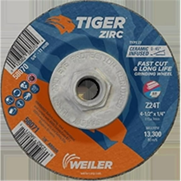 Tiger® Grinding Wheel, 4-1/2 in dia x 1/4 in Thick x 5/8 in-11 Arbor, 24 Grit, Zirconia Alumina/Ceramic, Type 27, 10 EA/PK Pack of 10