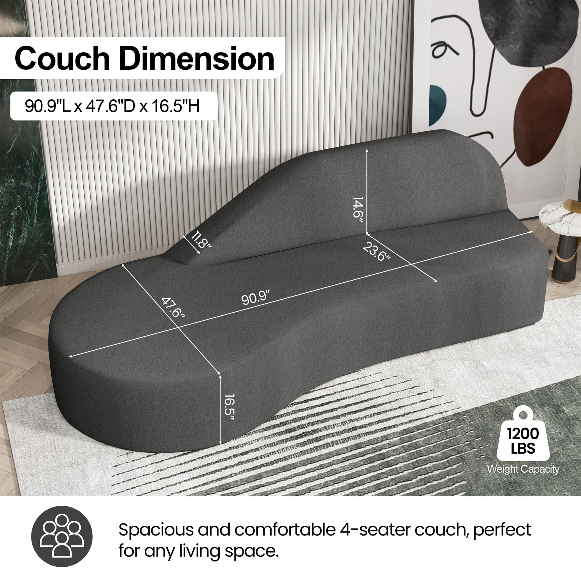 Aukfa 91" Comfy 3 Seat Sofa Deep Seat Curved Couch, No Assembly Boneless Sofa, Chenille, Gray
