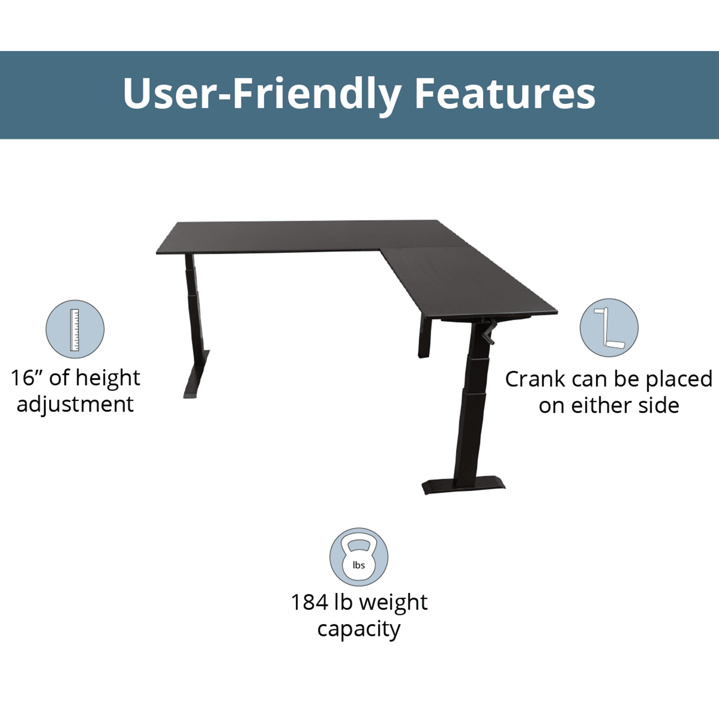Stand Up Desk Store Crank Adjustable Height L-Shaped Standing Desk with Steel Frame  (Black Frame/Black Top, 72" Wide)