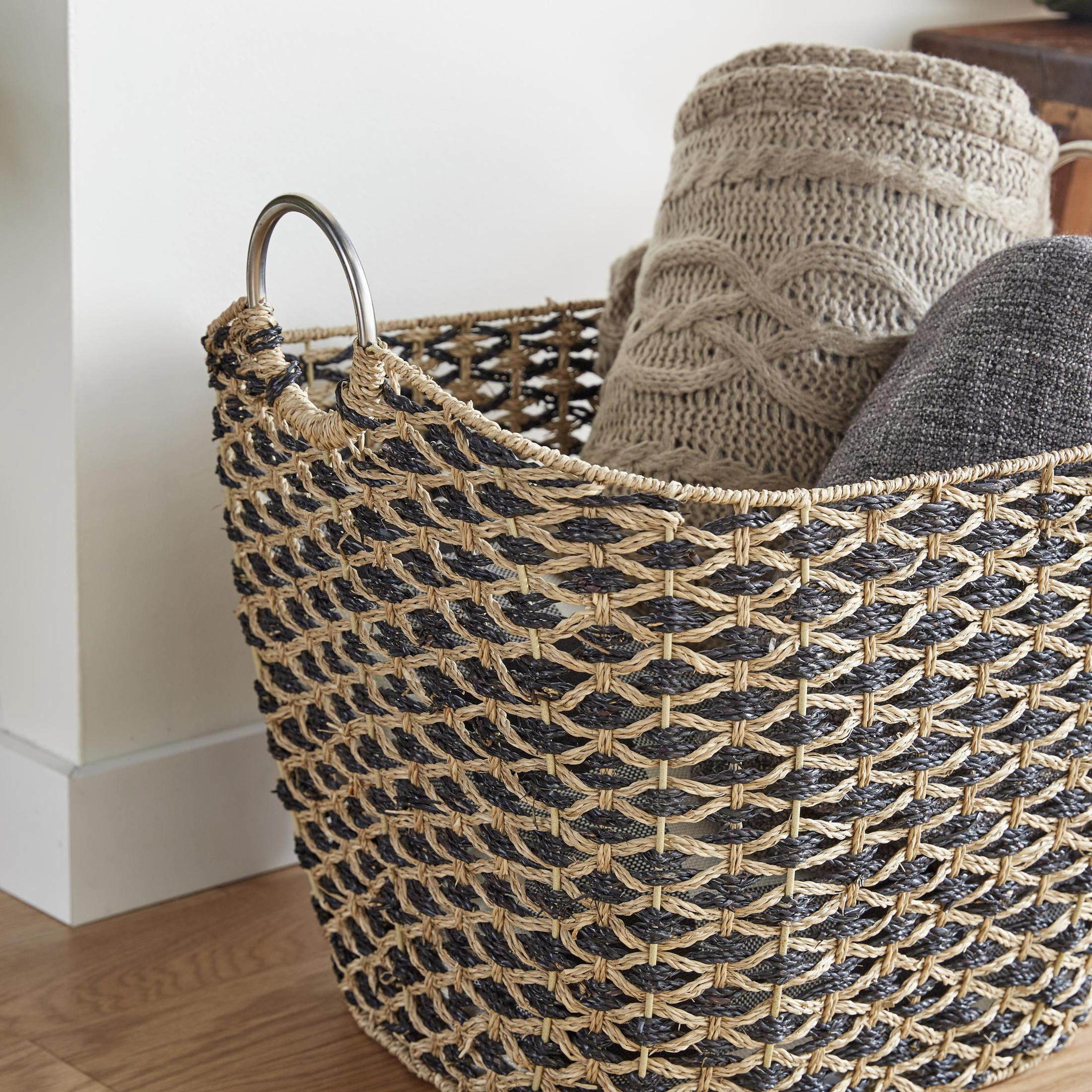 DecMode 21" x 21" Brown Seagrass Handmade Storage Basket with Metal Handles, 1-Piece