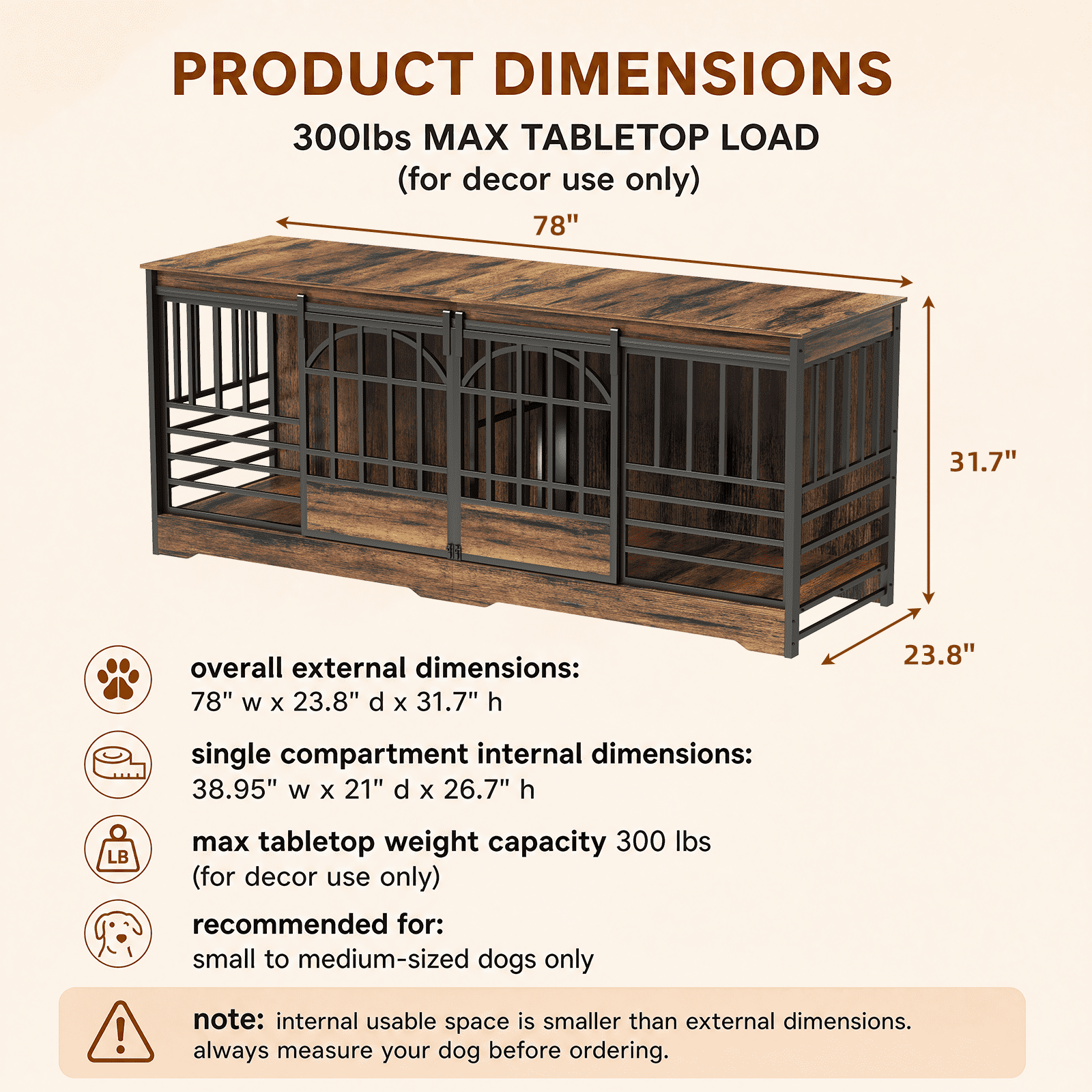 Fowroa 78 inch Extra Large Double Dog Crate Furniture, Heavy Duty Indoor XXL Dog Kennel with Removable Divider, Brown