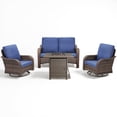thumbnail image 2 of PARKWELL 4-Piece Outdoor Wicker Patio Furniture Set with Propane Fire Pit Table, Loveseat, 360 Swivel Glider Chairs, All Weather Rattan Conversation Seating for Deck Garden Backyard, Blue, 2 of 13