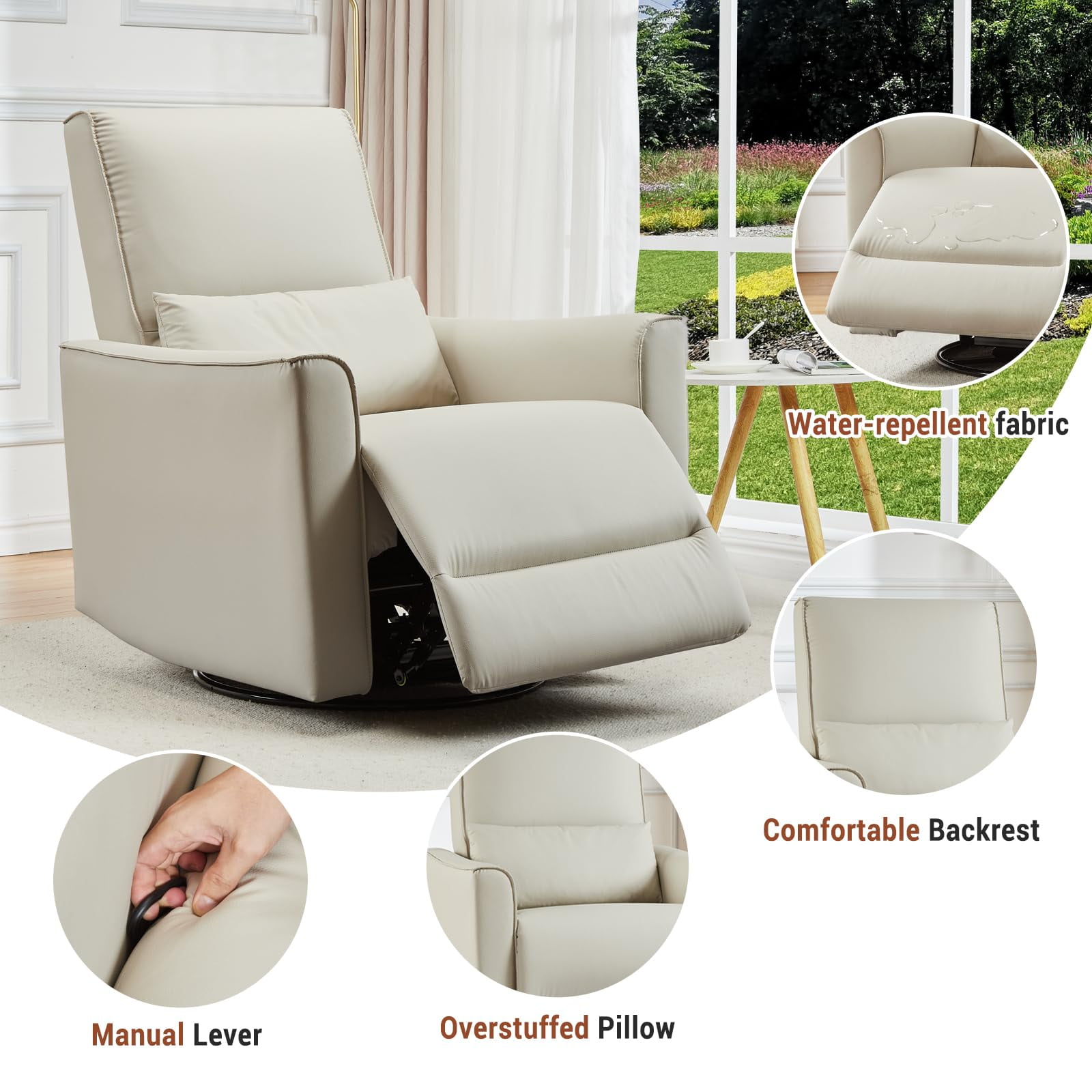 TROPOW 360° Swivel, Rocking Chair Nursery, Glider Rocker Recliner, PU Leather Sofa Chair with high Back, Deep Seat for Nursery, Living Room, Bedroom, Beige