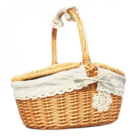 

Promotion!Wicker Picnic Basket With Lid And Handle Sturdy Woven Body With Cherry Lining For Camping Outdoor Birthday Party