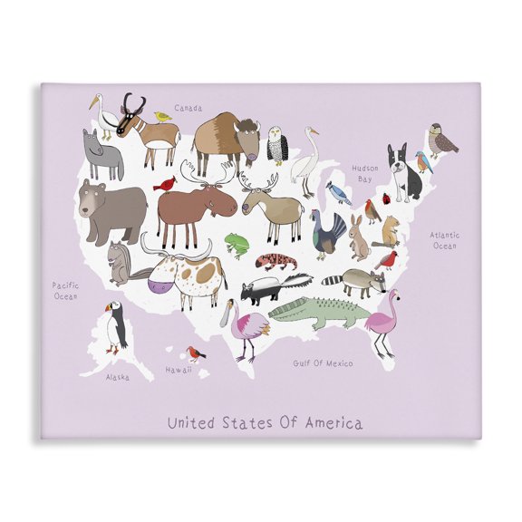 Stupell Industries Contemporary Pink United States Map of Wild Animals Canvas Art, 20 x 16, by Carla Daly
