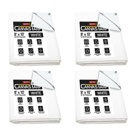 4 Pack 8' x 10' White Canvas Tarp 12oz - Water Resistant & Breathable - Heavy Duty Tarps - Multipurpose Tarpaulin Cover for Camping Tent