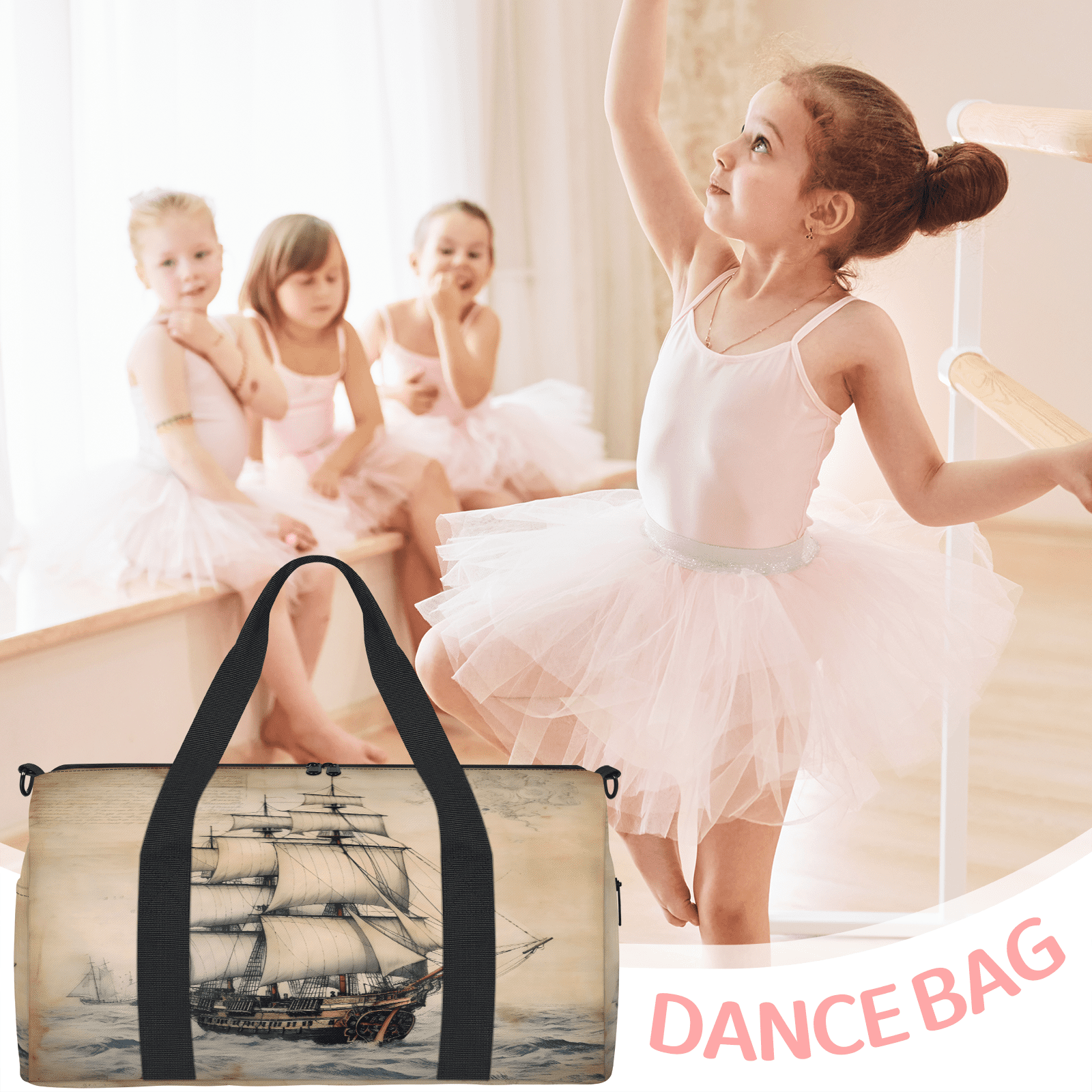 Herdesigns Nautical Ocean Pirate Ship Gym Bag for Women, Duffle Bag for Travel Sport, Lightweight Waterproof Carry on Weekender Overnight Dance Yoga Workout Bags