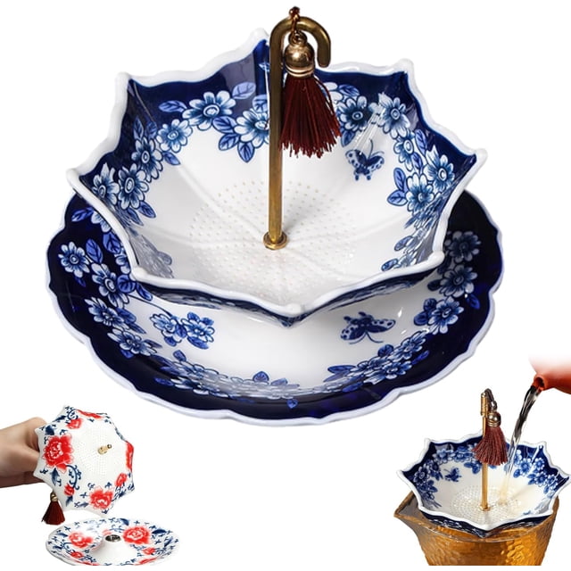 Blue and White Porcelain Umbrella Tea Infuser Set, Umbrella Shape Ceramic Tea Strainer, Chinese White Porcelain Loose Leaf Filter with Rotating Design for Kung Fu/Coffee/Brewing (Blue)