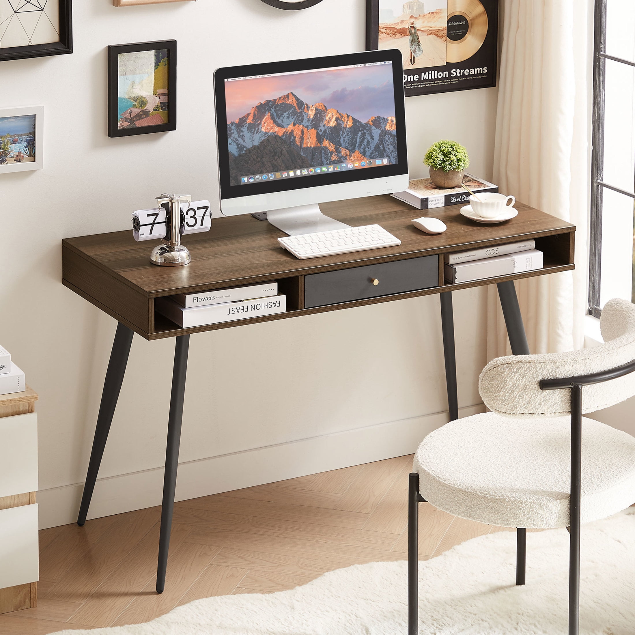 Noble House 47.24" Mid-Century Writing Desk, 3-Drawer Multifunctional Home Office Computer Table, Walnut