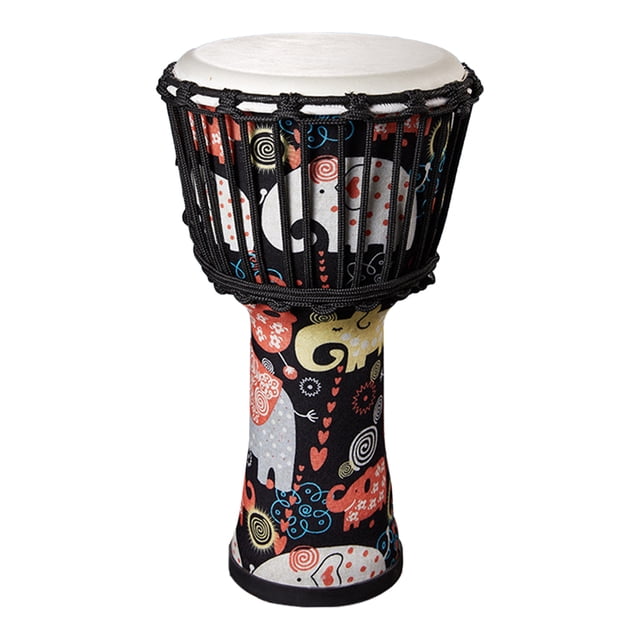 instrumento musical djembe drum african goatskin drumhead arte colorido patrones 8 pulgadas gran regalo para principiantes adultos y — djembe de percusión de 8 pulgadas con parche claro de goatskin y cuerdas negras de ajuste; cuerpo cónico forrado en tela negra con patrones coloridos de elefantes, espirales y corazones en rojo, amarillo y azul, sobre fondo blanco; adecuado como juguete didáctico o regalo para principiantes.