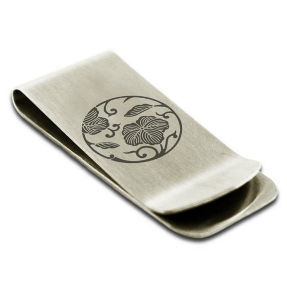 Stainless Steel Ivy Branch Kamon Crest Engraved Money Clip Credit Card Holder