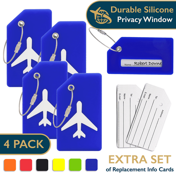 ComfiTime Etiquetas de Equipaje de Silicona Aprobadas por la TSA, Identificador con Cubierta de Privacidad, Presilla de Acero Inoxidable, Bolsa de 4, Azul