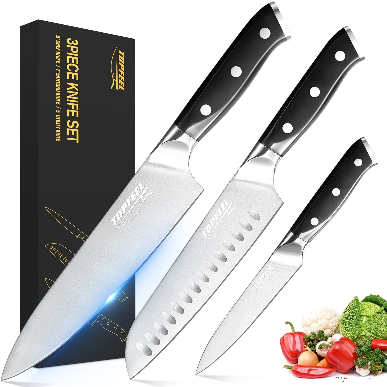 TOPFEEL Kitchen Knife Set, 3piece Stainless Steel Chef Knife,Santoku Knife & Utility Knife with
