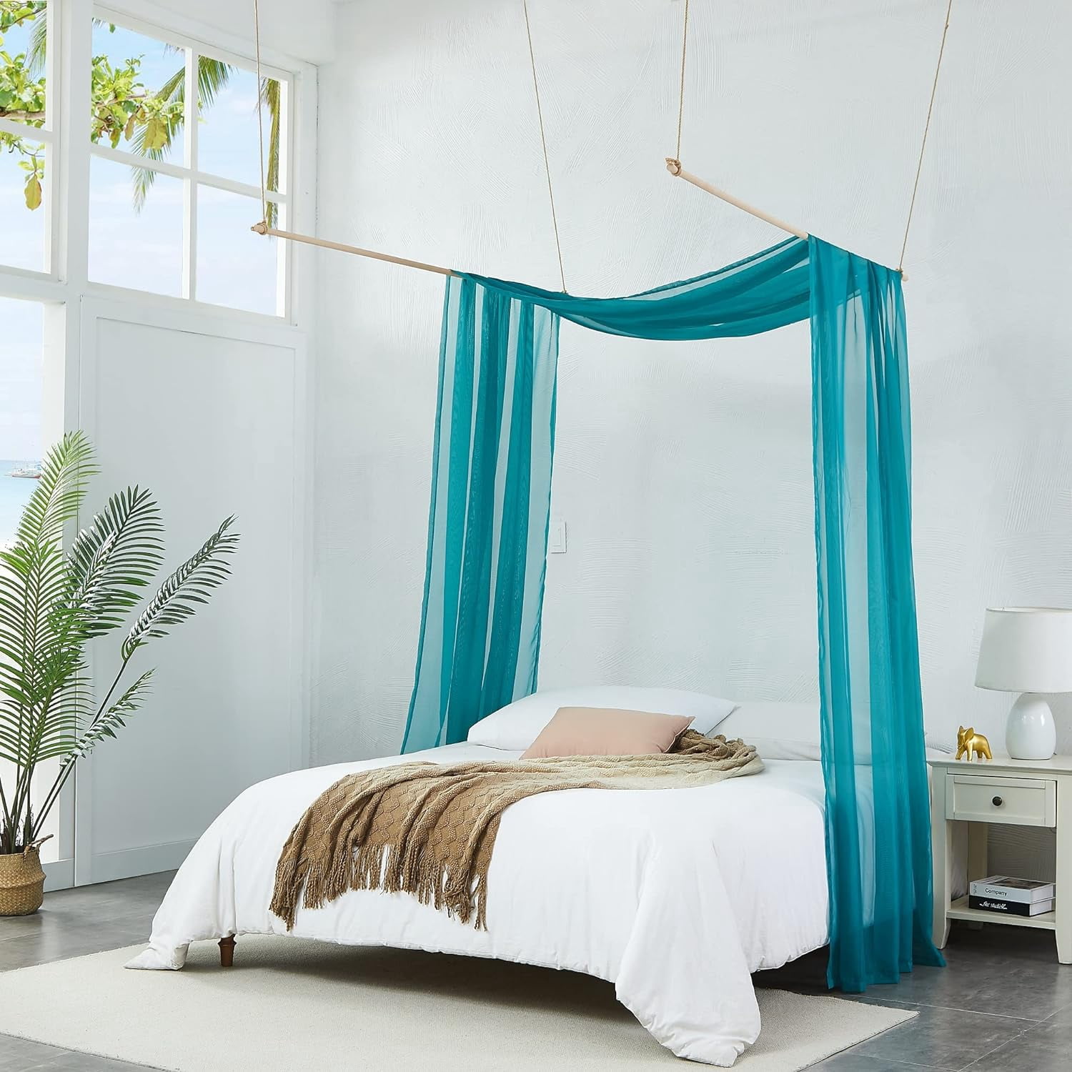 Warm Home Designs Set of 2 White & Teal Canopy Bed Curtains in 55 x 216 Inch Size. BE White & Teal 216