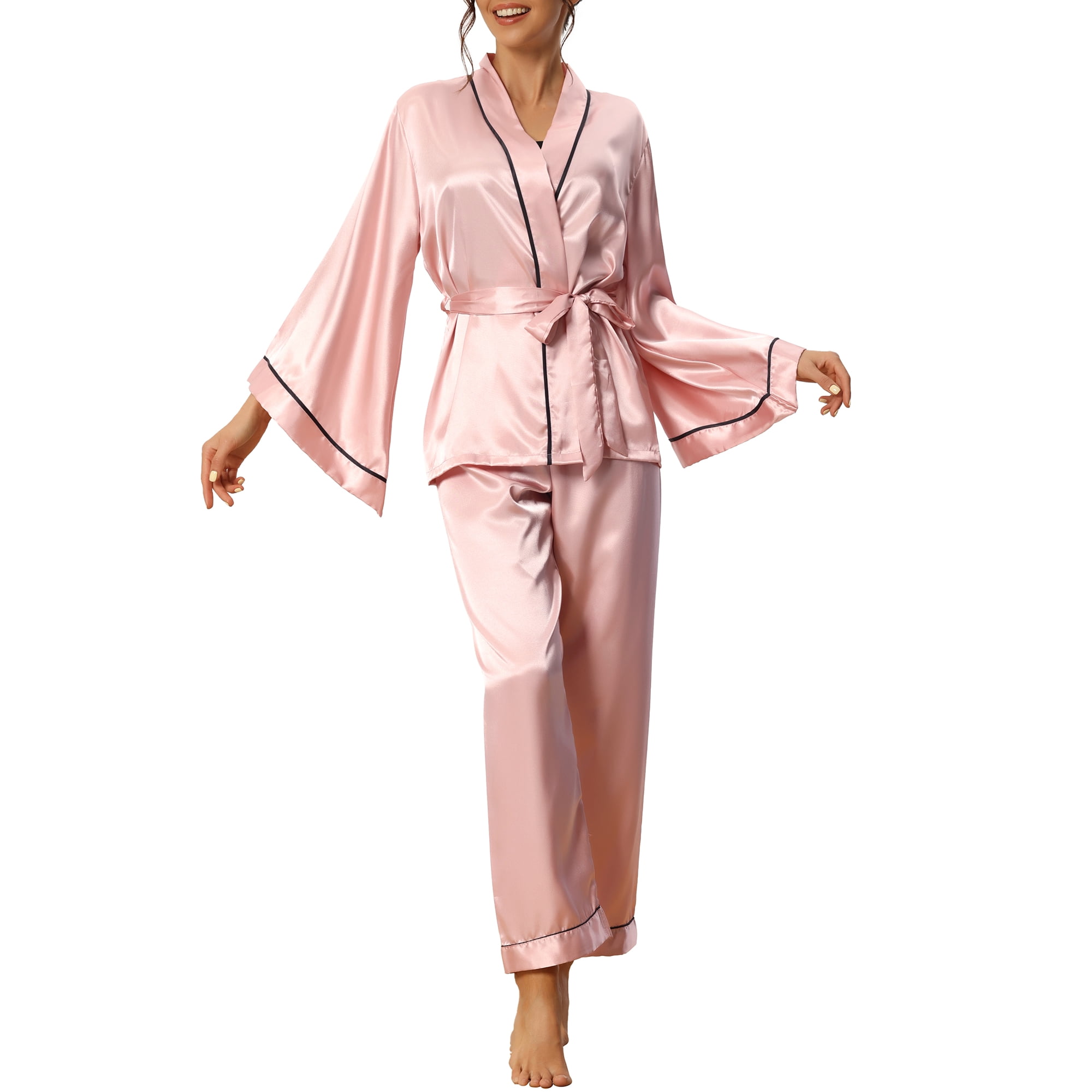 Unique Bargains Women s Satin Silk Kimono Bridesmaid Wedding Bridal Party Bell Sleeve Sleepwear Pajama Sets