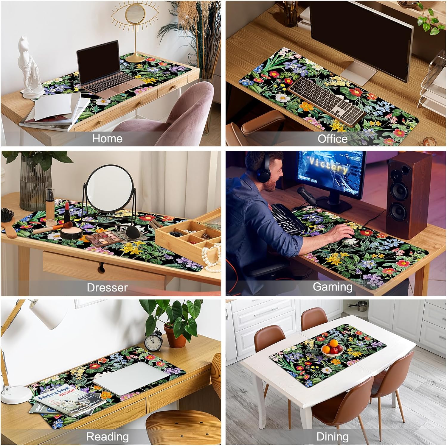 Black Flower Desk Mat Floral Plants Mouse Pad, Wildflowers Large Gaming Mousepad Desk Pad, XXL Keyboard MouseMat Full Desktop Mat Women Office Accessories 31.5"x15.7"