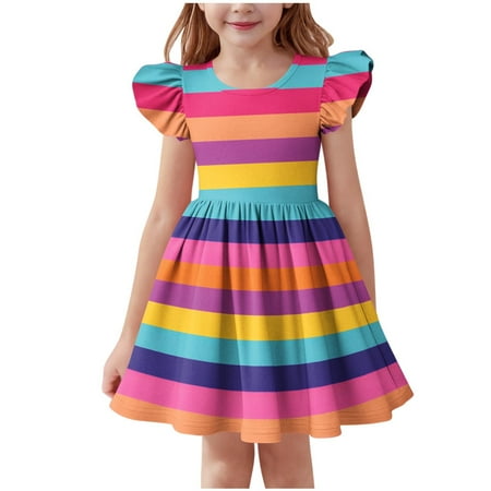 TGSLY Tween Girls Summer Bubble Dress Ruffle Sleeve Casual Tie Dye Gradient Color Printed Elegant Party Princess Swing Beach Midi Dresses C-Hot Pink 3-4 Years