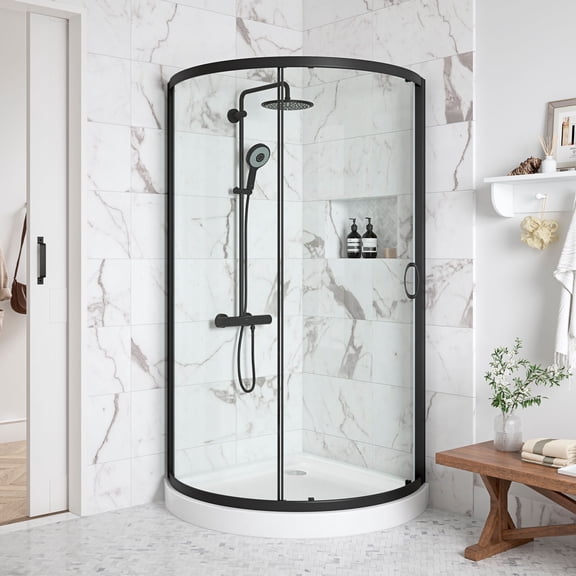 Ove Decors Breeze 34 in x 34 in x 77 in H Curved Corner Shower with Clear Glass & Shower Base and Matte Black Hardware
