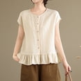 thumbnail image 2 of FRSASU Womens Ruffle Hem Shirts Short Sleeve Peplum Cardigans Crew Neck Button Cotton Linen Tops Beige, 2 of 9