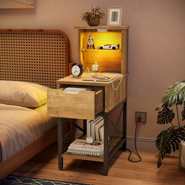 Bestier End Table with LED Lights & Charging Station, Weathered Rustic