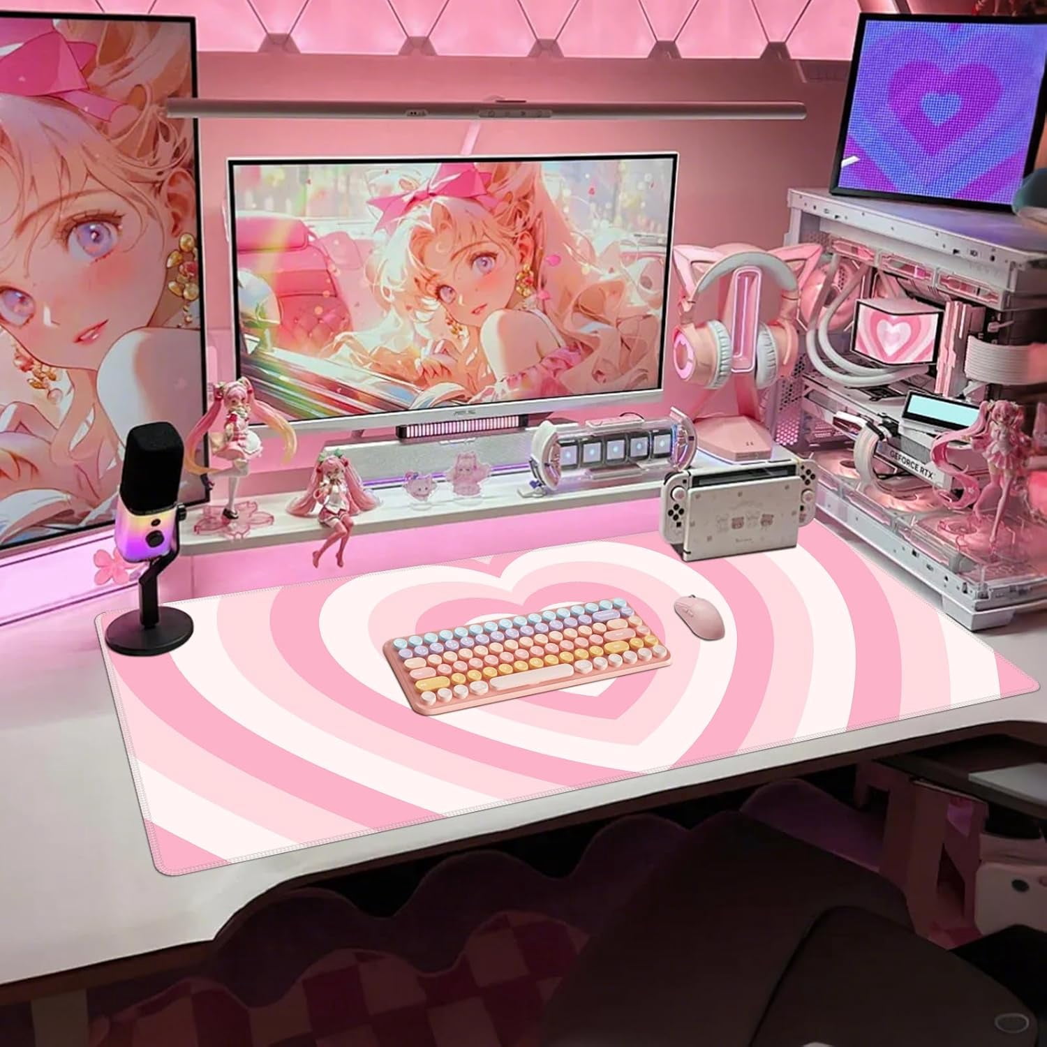 Pink Desk Mat,XXL Extended Large Mouse Pad,Gaming Mousepad with Stitched Edge,Non-Slip Rubber Base Keyboard Desk Pad for Home Office Study Game (Pink Heart)
