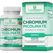 Chromium Picolinate by PurePremium Supplements - Maximum Strength Essential Mineral - Supports Weight Loss, Metabolism, and Healthy Blood Sugar Levels - 200mcg, 100 Capsules