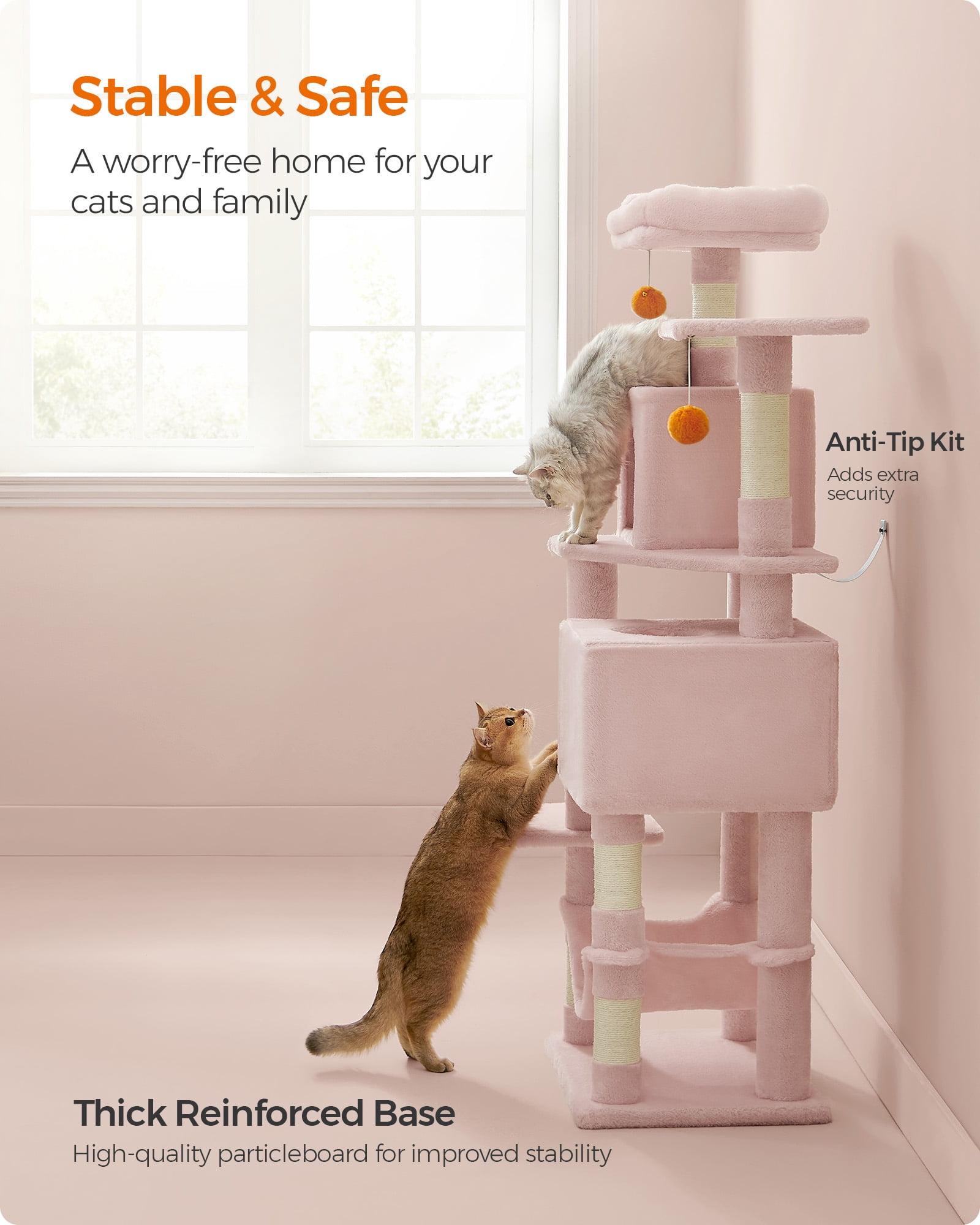 61"H Cat Tree Cat Tower for Indoor Cats, Plush Multi-Level Cat Condo with Scratching Posts, Perches, Caves, Hammock, Pink