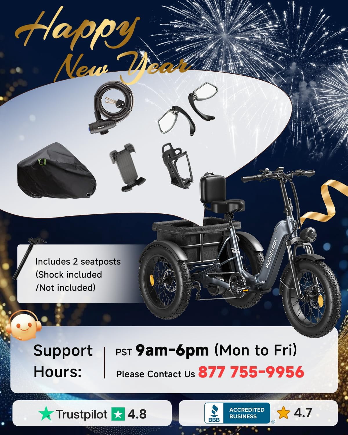 PUCKIPUPPY 20" Electric Tricycle for Adults 960W 60Miles Range 20mph Max Speed Fat Tire Electric Trike 48V 17.4AH Battery 3 Wheel Electric Bike 500lbs Load E-Mountain Bikes, Comply with UL2849 By SGS