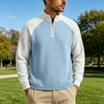 thumbnail image 6 of TOUMENY Men Half Zip Sweater Stand Collar Long Sleeve Color Block Casual Loose Pullover Fall Winter Fashion Knit Tops Light Blue M, 6 of 7