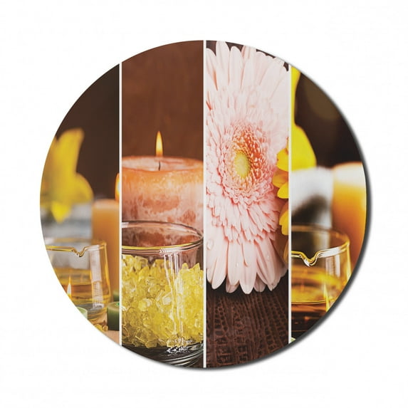 Exotic Mouse Pad for Computers, Aromatic Collage with Gerbera and Candles Exotic Body Therapy and Treatment, Round Non-Slip Thick Rubber Modern Gaming Mousepad, 8" Round, Orange Brown, by Ambesonne