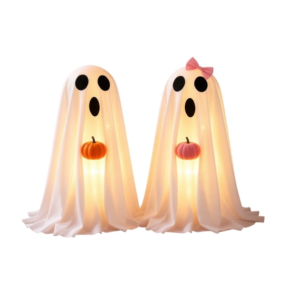 2 Pack Halloween Decorations Indoor, Lighted Couple Ghost with Pumpkin, Spooky Cute Tabletop Decor for Mantel Shelf Home Party
