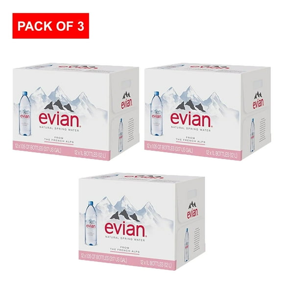 evian Natural Spring Water (One Case of 12 Individual Bottles, Each Bottle is 1 Liter) Naturally Filtered Spring Water in Large Bottles 3 Cases (36 Count)