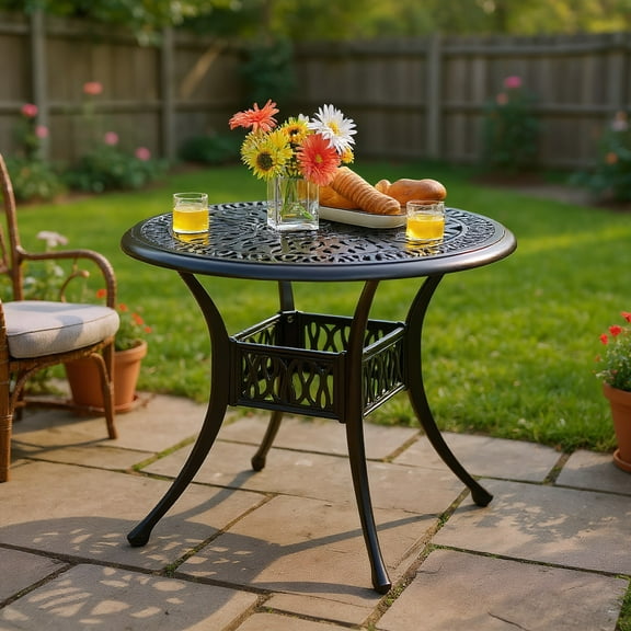 GVN 36 Inch Patio Round Dining Bistro Table with Umbrella Hole-Brown, Teak Wood Side Table with Storage, Indoor and Outdoor Wooden Furniture for Deck, Porch, Balcony, Living Room