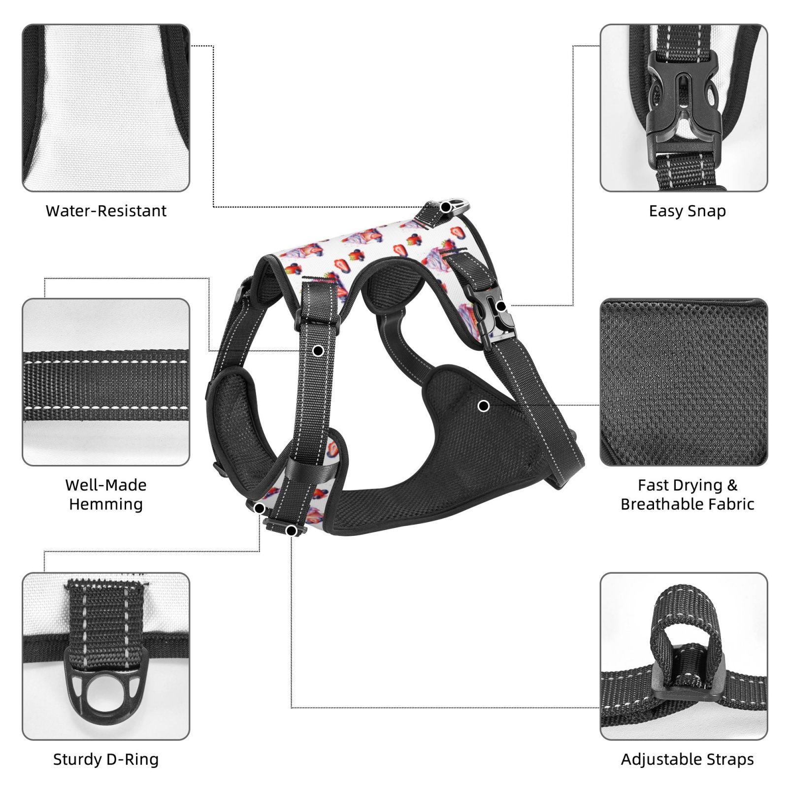 Kdxio Strawberry Blueberry Cream Cake Print No Pull Dog Harness Adjustable Reflective Oxford Easy Control Medium Large Dog Harness for Training and Everyday-Medium