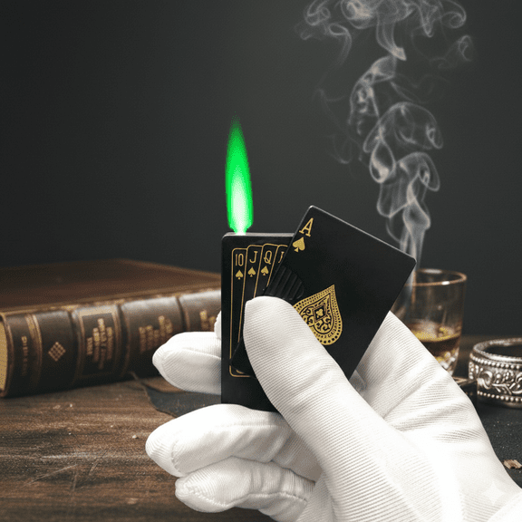Jet Torch Windproof Lighter - Refillable Butane with Playing Cards Design, for Men & Women (Black)
