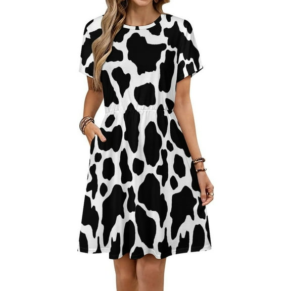 Cow Print black White Short Sleeve Dress Women Summer Evening Dresses Ladies Sundress