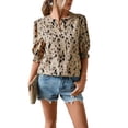 thumbnail image 1 of Blusa de mujer con cuello redondo, mangas abullonadas, detalle estampado y puños fruncidos, top informal para citas, talla M, color caqui elegante, 1 of 8