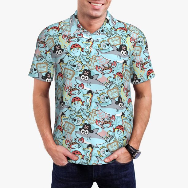 Balery pirate with funny animals Camisa Polo de Hombre con Estampado, de Manga Corta y Tejido Medio, Camisa Tipo Golf Polo-4X-Large