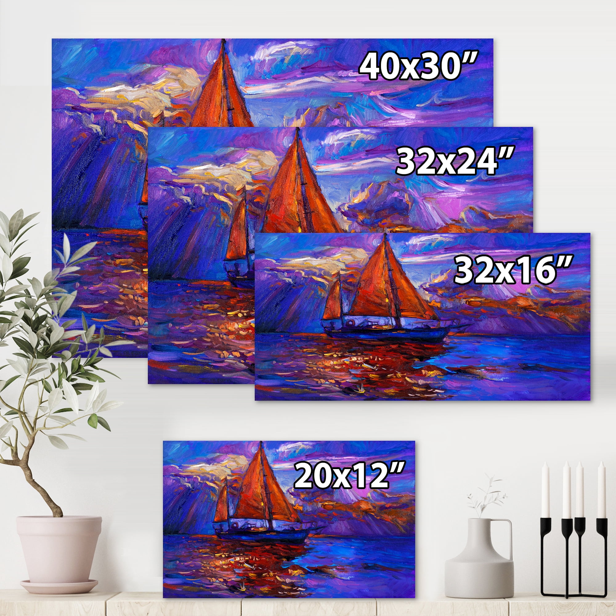 Designart ' Red Sail Ship On Purple Sunset in Blue Ocean ' Nautical & Coastal Canvas Wall Art Print