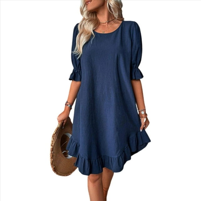 Vestido Corto Holgado con Mangas Abullonadas, Bajo con Volantes, Cuello Redondo y Fruncido, Color Azul Oscuro M