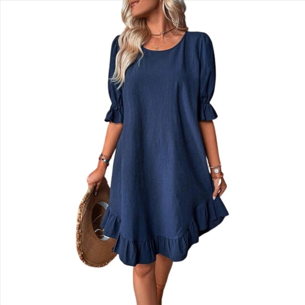 Vestido Corto Holgado con Mangas Abullonadas, Bajo con Volantes, Cuello Redondo y Fruncido, Color Azul Oscuro XXL