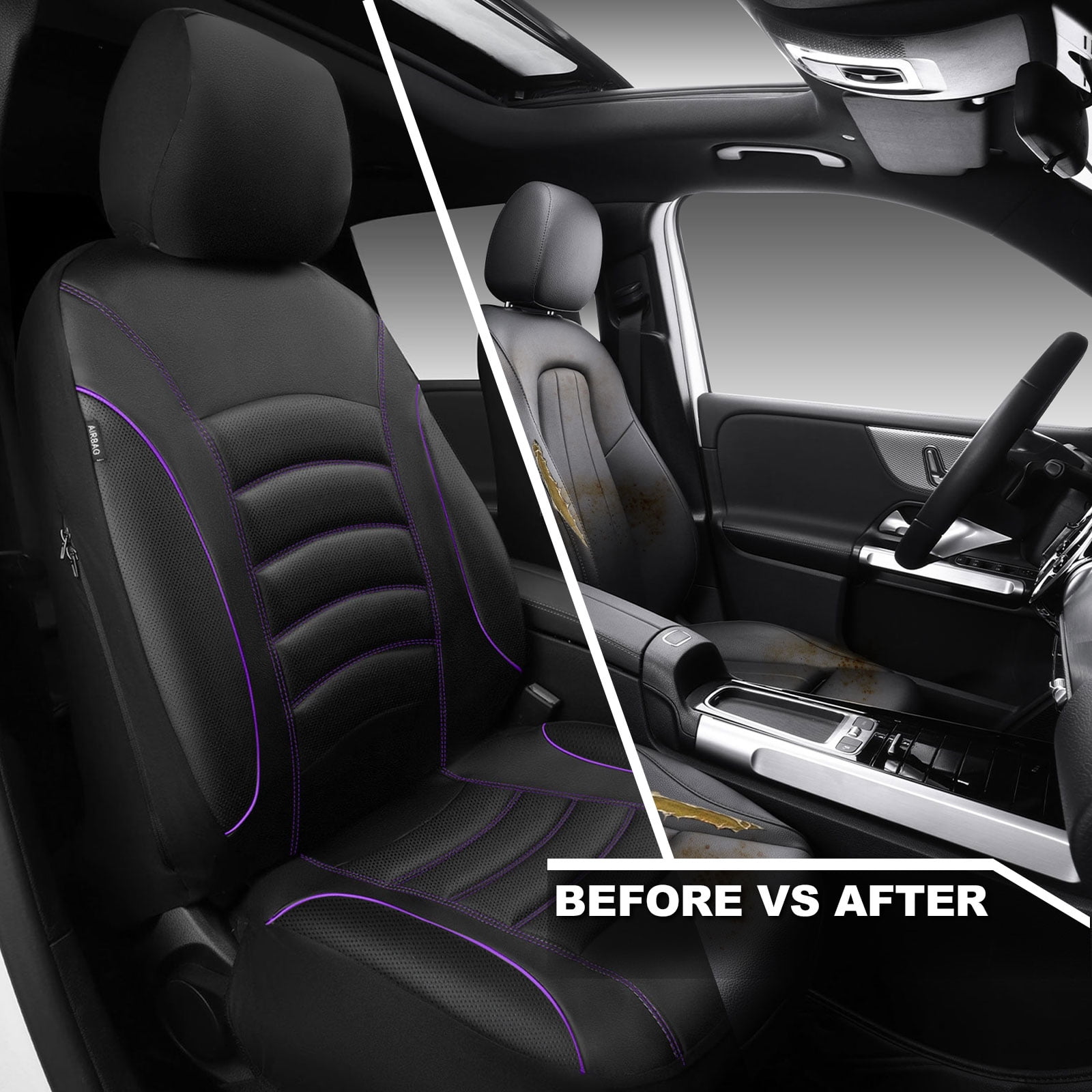 CAR GRAND PU Leather Car Seat Covers, Universal Fit Front Pair for Trucks SUV Sedan Automotive Seat Protectors Armrest Airbag Compatible Waterproof 3D Foam Comfortable Nappa Leather Purple Piping