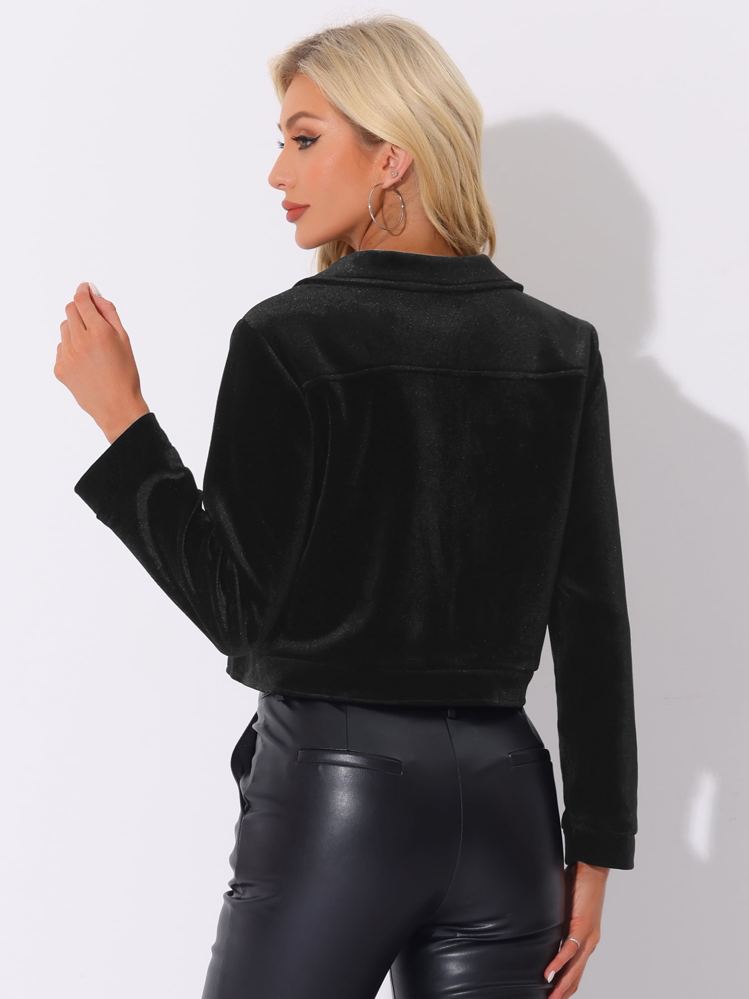 DARING DIVA Cropped Velvet Long Sleeve Zip Up Jacket M Black