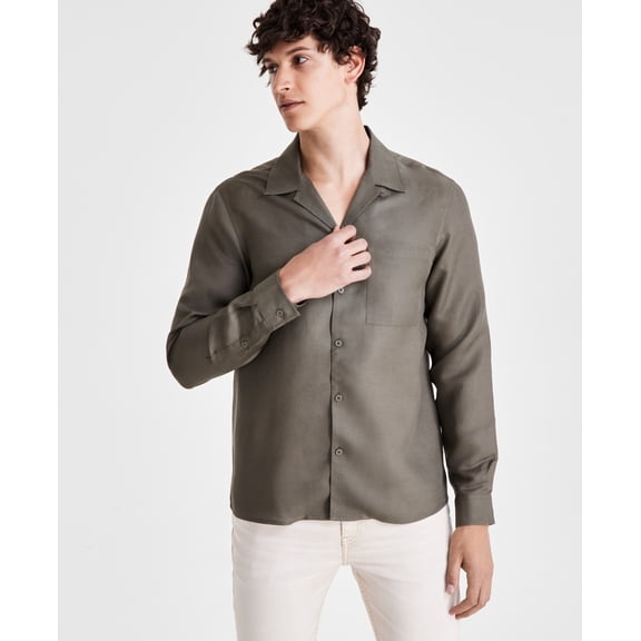 I.n.c. International Concepts Mens Kylo Regular-Fit Camp Shirt Large Linen Green