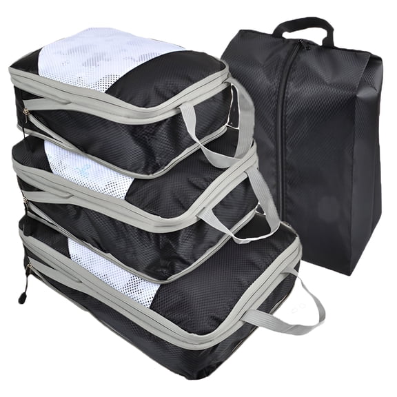 Travel Compression Packing Cubes, 4-Piece Set with 3 Packing Organizers and Shoe Bag for Luggage,Black