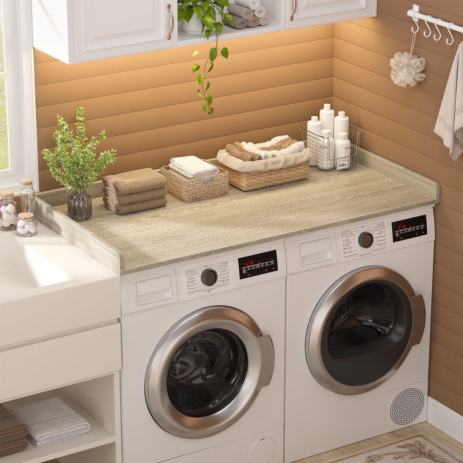 Homieasy Washer and Dryer Countertop, Laundry Room Organization with Non-Slip Pads, Wood Shelf Topper with Round Corner Edge Rails, Laundry Folding Organizer for Laundry, White Oak