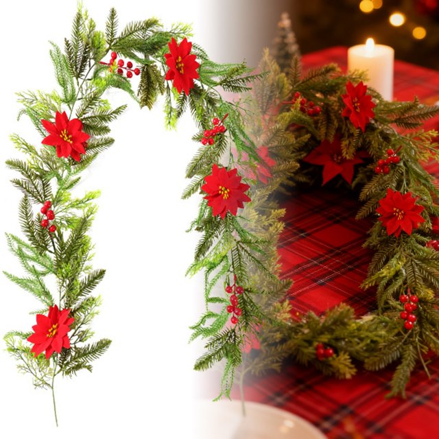 Fleurs Baies Rouges 185 cm Couronne Douce pour Décoration de Cheminée et d'Escalier et Usage de Fête